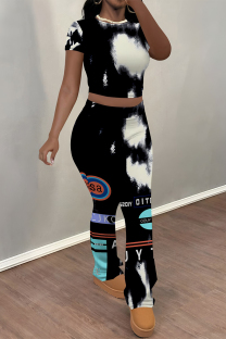 Black Casual Graffiti Print Contrast O Neck Short Sleeve Two Pieces