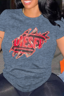 Blue Casual Letter Print O Neck Tops