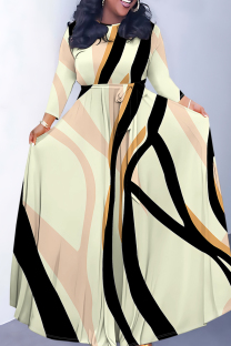 Light Yellow Elegant Striped Print Flowers Pocket With Belt Contrast O Neck Printed Dresses