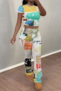 White Casual Graffiti Print Contrast O Neck Short Sleeve Two Pieces