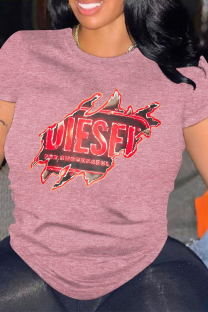 Pink Casual Letter Print O Neck Tops