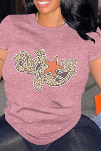 Pink Casual Letter Print Leopard O Neck Tops