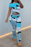 Multicolor Casual Camouflage Print Contrast O Neck Short Sleeve Two Pieces