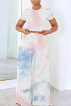 Blue Pink Casual Geometric Print Pocket Contrast O Neck Short Sleeve Two Pieces
