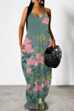 Blue Sexy Floral Print Pocket Contrast V Neck Printed Dresses