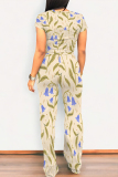 White Casual Geometric Print Pocket Contrast O Neck Short Sleeve Two Pieces