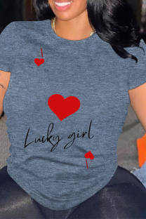Dark Blue Daily Letter Print Heart Shaped Contrast O Neck Tops
