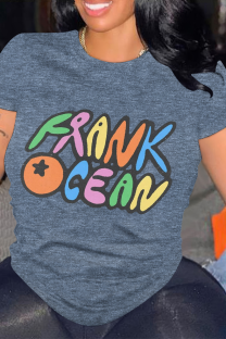 Dark Blue Casual Letter Print O Neck Tops