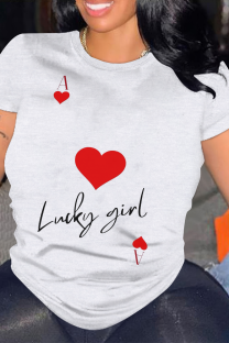 White Daily Letter Print Heart Shaped Contrast O Neck Tops