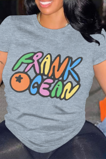 Grey Casual Letter Print O Neck Tops