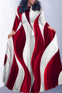 Burgundy Elegant Striped Print Flowers Pocket With Belt Contrast O Neck Printed Dresses