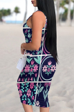 White Sexy Plaid Floral Print Contrast U Neck Printed Dresses