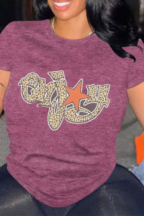 Burgundy Casual Letter Print Leopard O Neck Tops