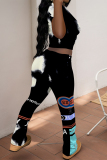 Blue Casual Graffiti Print Contrast O Neck Short Sleeve Two Pieces