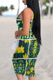 White Sexy Plaid Floral Print Contrast U Neck Printed Dresses
