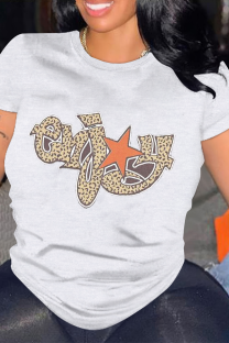 White Casual Letter Print Leopard O Neck Tops