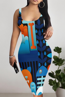 Dark Blue Sexy Geometric Print Contrast U Neck Printed Dresses