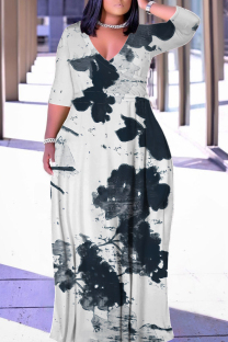 White Casual Geometric Print Lace Up Contrast V Neck Printed Plus Size Dresses