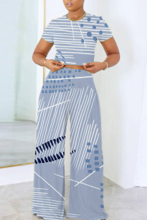 Baby Blue Casual Geometric Print Pocket Contrast O Neck Short Sleeve Two Pieces