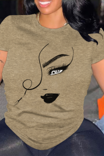 Khaki Casual portrait Contrast O Neck Tops