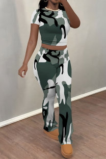 Gray Green Casual Camouflage Print Contrast O Neck Short Sleeve Two Pieces