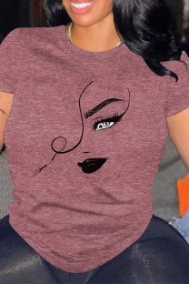 Purplish Red Casual portrait Contrast O Neck Tops