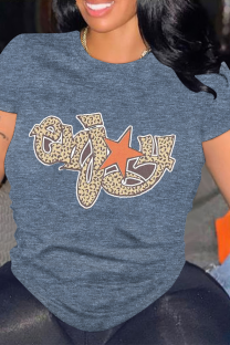 Blue Casual Letter Print Leopard O Neck Tops