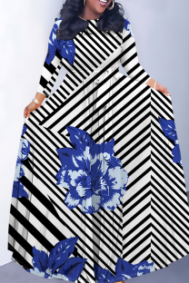 Stripe Elegant Striped Print Flowers Pocket With Belt Contrast O Neck Printed Dresses
