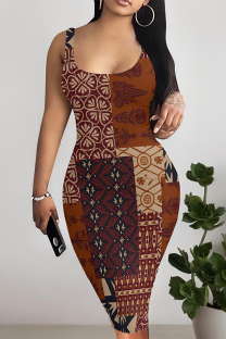 Brown Sexy National Totem Print Contrast U Neck Printed Dresses