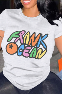 White Casual Letter Print O Neck Tops