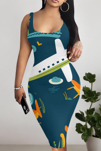 Malachite Green Sexy Geometric Print Contrast U Neck Printed Dresses