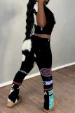 Blue Casual Graffiti Print Contrast O Neck Short Sleeve Two Pieces