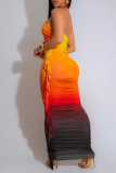 Yellow Sexy Casual Gradient Print Backless Halter Sleeveless Two Pieces