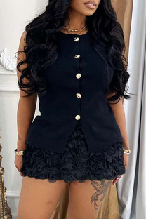Black Casual Solid Color Flowers Buttons O Neck Sleeveless Two Pieces