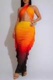 Yellow Sexy Casual Gradient Print Backless Halter Sleeveless Two Pieces