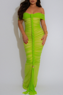 Green Sexy Solid Color Patchwork Backless Ruched Off Shoulder Long Dresses