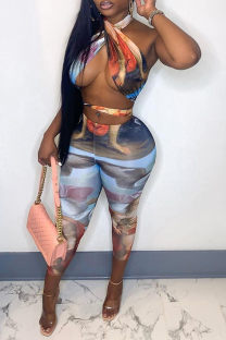 Colour Sexy Hot Irregular Printed Backless Belted Halter Sleeveless Two Pieces