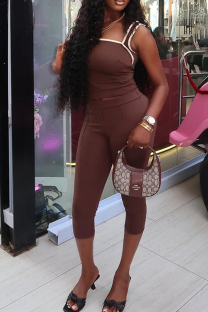 Dark Brown Sexy Solid Color Contrast Spaghetti Strap Sleeveless Two Pieces