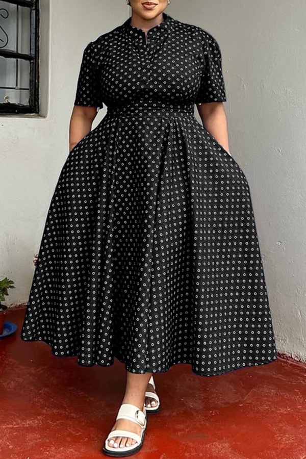 Black Casual Daily Print Basic V Neck Long Plus Size Dresses