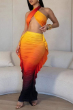Yellow Sexy Casual Gradient Print Backless Halter Sleeveless Two Pieces