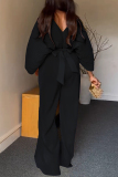 Black Casual Daily Solid Color Ruched Belted V Neck Three Quarter Two Pieces