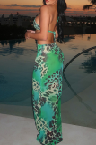 Green Sexy Leopard Print Hollow Out Sling Dresses