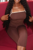 Dark Brown Sexy Solid Color Contrast Spaghetti Strap Sleeveless Two Pieces