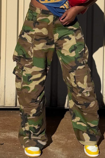 Army Green Casual Daily Camouflage Print Pocket Straight Mid Waist Straight Full Print Trousers