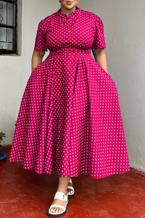 Rose Red Casual Daily Print Basic V Neck Long Plus Size Dresses