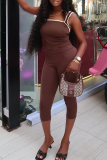 Dark Brown Sexy Solid Color Contrast Spaghetti Strap Sleeveless Two Pieces