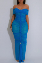 Blue Sexy Solid Color Patchwork Backless Ruched Off Shoulder Long Dresses
