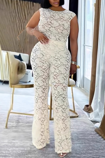 Apricot Elegant Solid Color Lace See-Through O Neck Sleeveless Two Pieces