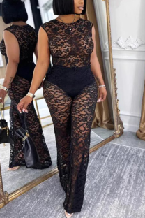 Black Elegant Solid Color Lace See-Through O Neck Sleeveless Two Pieces
