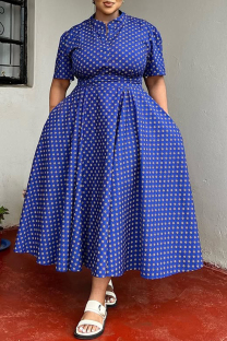 Blue Casual Daily Print Basic V Neck Long Plus Size Dresses